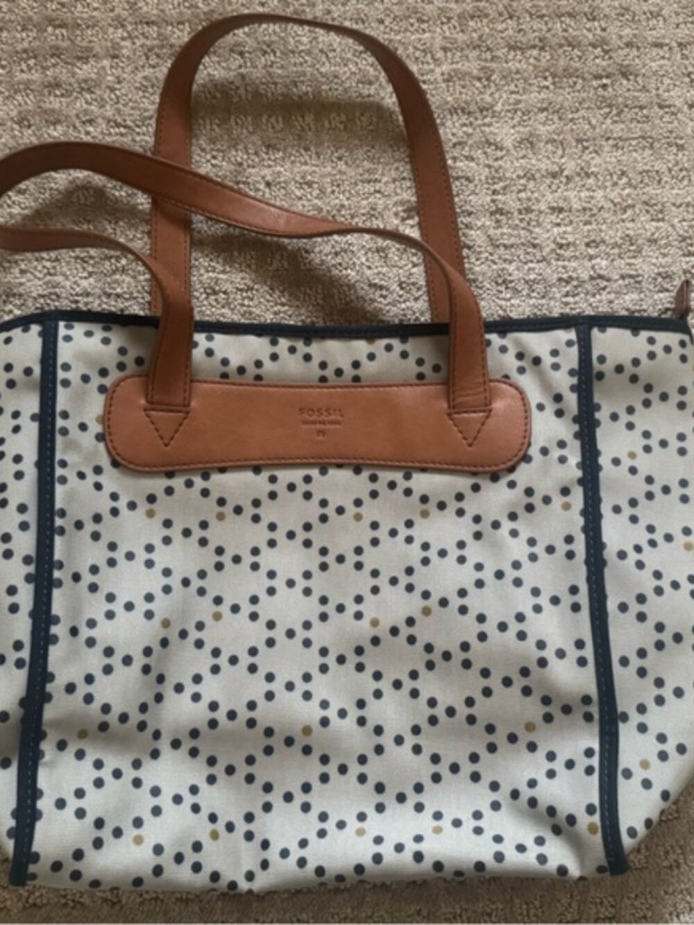 Fossil Polka Dot Canvas Tote Bag Leather Handles Zip Top